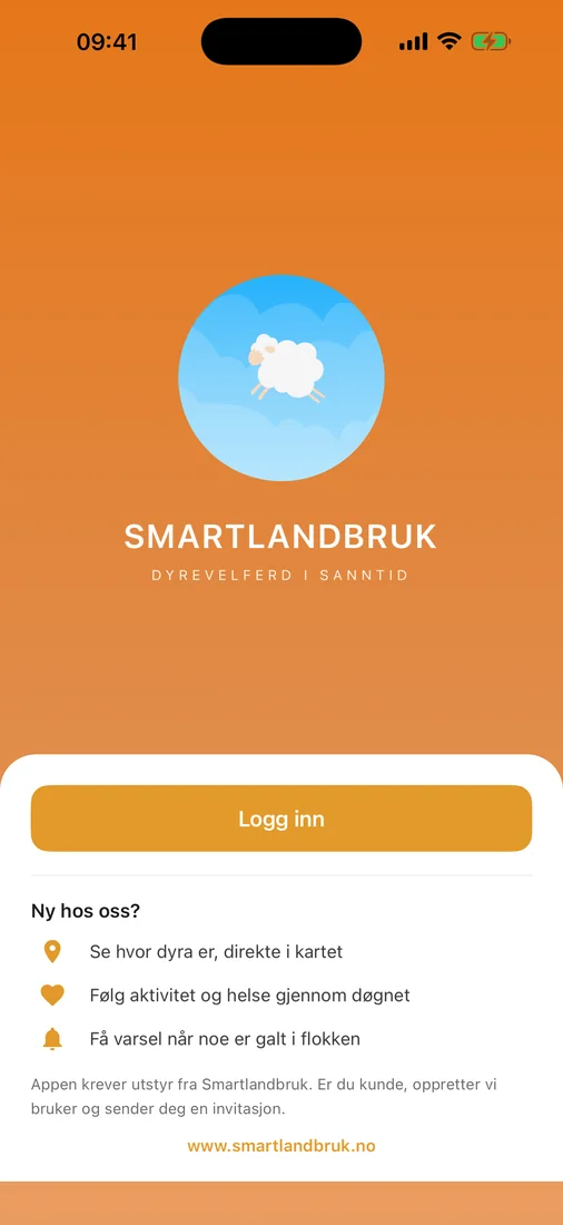 Skjermbilde fra Smartlandbruk-appen: velkommen
